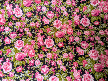 Black And Pink 100 % Cotton Rose Floral Fabric, Floral Print Fabric, Roses Flower Fabric